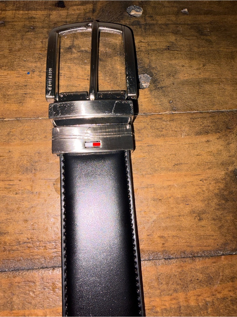 Tommy Hilfiger Black Leather Belt with Silver Buckle and Red Accent